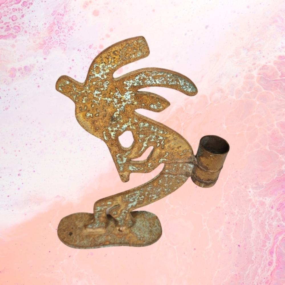Vtg Kokopelli Handmade Cast iron Metal Candle‎ holder/ Figurine  Folk Art Solid